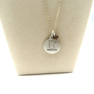 Minnesota State Necklace‎ 18" Silver Tone Round State Pendant Heart Charm